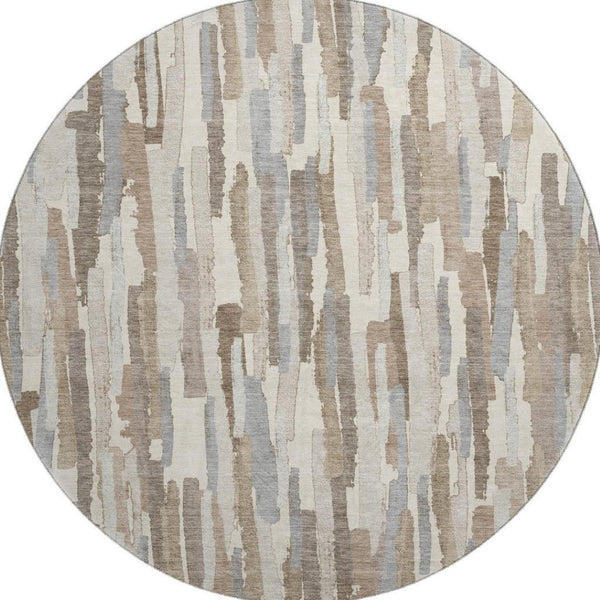 HomeRoots 8' X 8' Washable Round Rug in Ivory, Gray & Brown Stripes – UV Protected, Non-Slip, Durable Design 692937