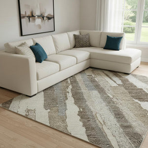 HomeRoots 8' Striped Washable Area Rug in Ivory Gray Brown - Durable, UV-Protected, Easy-Care Design for Homes 692938