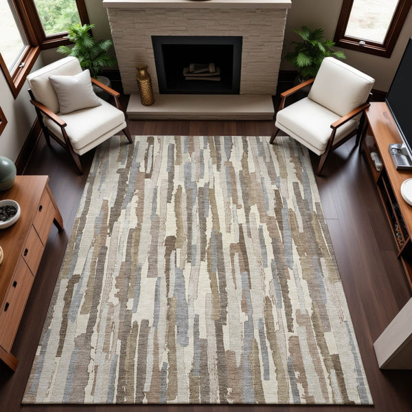 HomeRoots 8' Striped Washable Area Rug in Ivory Gray Brown - Durable, UV-Protected, Easy-Care Design for Homes 692938
