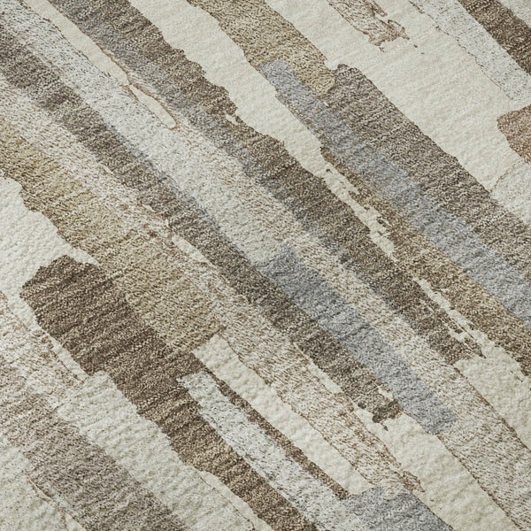 HomeRoots 8' Striped Washable Area Rug in Ivory Gray Brown - Durable, UV-Protected, Easy-Care Design for Homes 692938
