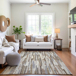 HomeRoots 8' Striped Washable Area Rug in Ivory Gray Brown - Durable, UV-Protected, Easy-Care Design for Homes 692938