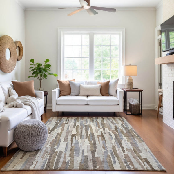 HomeRoots 8' Striped Washable Area Rug in Ivory Gray Brown - Durable, UV-Protected, Easy-Care Design for Homes 692938