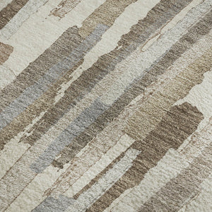 HomeRoots 8' Striped Washable Area Rug in Ivory Gray Brown - Durable, UV-Protected, Easy-Care Design for Homes 692938