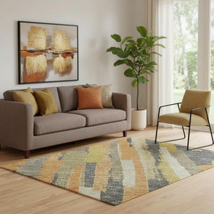 HomeRoots 5' X 8' Vibrant Orange Gold Ivory Striped Washable Area Rug with UV Protection for Busy Homes 692942