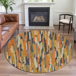 HomeRoots 8' X 8' Striped Orange Gold & Ivory Washable Round Rug with UV Protection for High-Traffic Areas 692943