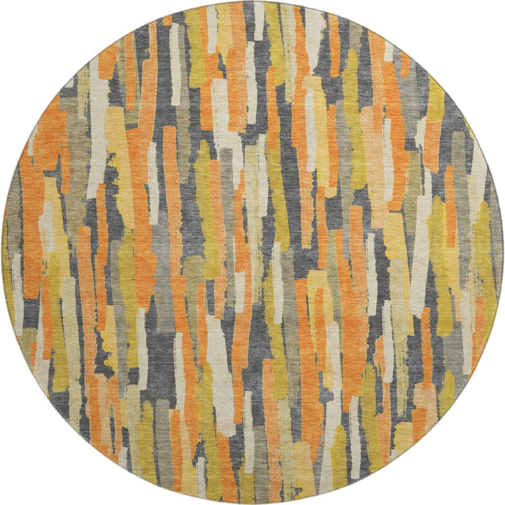 HomeRoots 8' X 8' Striped Orange Gold & Ivory Washable Round Rug with UV Protection for High-Traffic Areas 692943