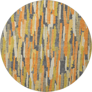 HomeRoots 8' X 8' Striped Orange Gold & Ivory Washable Round Rug with UV Protection for High-Traffic Areas 692943