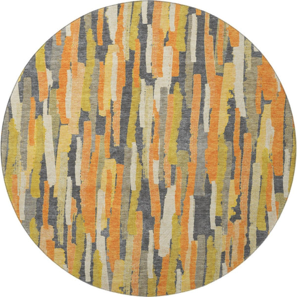 HomeRoots 8' X 8' Striped Orange Gold & Ivory Washable Round Rug with UV Protection for High-Traffic Areas 692943