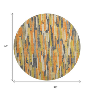 HomeRoots 8' X 8' Striped Orange Gold & Ivory Washable Round Rug with UV Protection for High-Traffic Areas 692943
