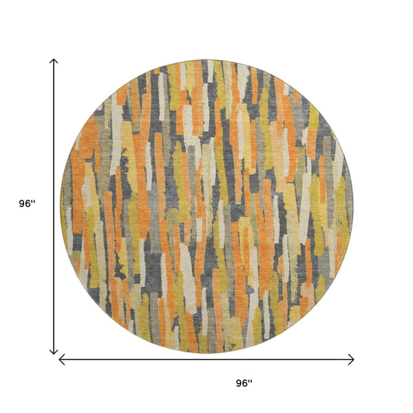 HomeRoots 8' X 8' Striped Orange Gold & Ivory Washable Round Rug with UV Protection for High-Traffic Areas 692943