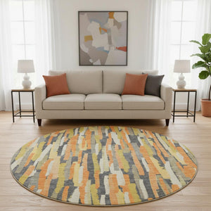HomeRoots 8' X 8' Striped Orange Gold & Ivory Washable Round Rug with UV Protection for High-Traffic Areas 692943