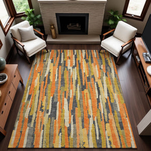 HomeRoots 9' X 12' Vibrant Orange Gold Ivory Striped Washable Area Rug with Non-Slip Backing & UV Protection 692945