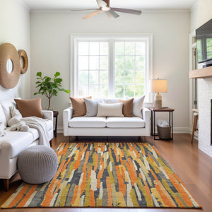 HomeRoots 9' X 12' Vibrant Orange Gold Ivory Striped Washable Area Rug with Non-Slip Backing & UV Protection 692945
