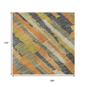 HomeRoots 9' X 12' Vibrant Orange Gold Ivory Striped Washable Area Rug with Non-Slip Backing & UV Protection 692945