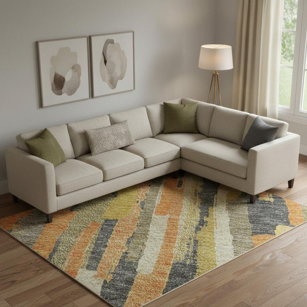 HomeRoots 9' X 12' Vibrant Orange Gold Ivory Striped Washable Area Rug with Non-Slip Backing & UV Protection 692945
