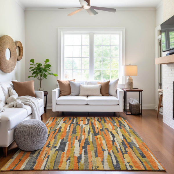 HomeRoots 10' X 14' Stylish Orange Gold & Ivory Striped Washable Area Rug with UV Protection for Any Room 692946
