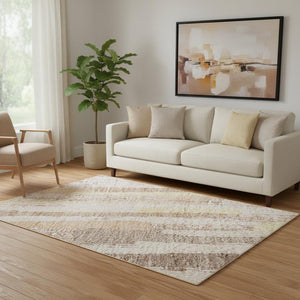 HomeRoots 5' X 8' Striped Area Rug in Soft Pink, Yellow & Peach - Washable, UV Protected & Non-Slip Design 692948