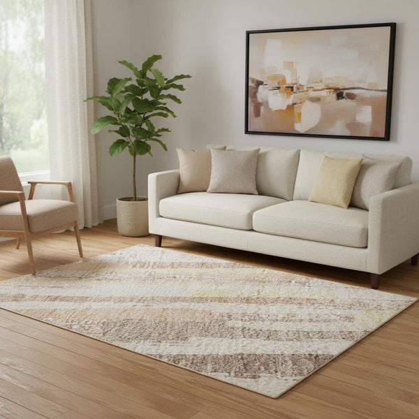 HomeRoots 5' X 8' Striped Area Rug in Soft Pink, Yellow & Peach - Washable, UV Protected & Non-Slip Design 692948