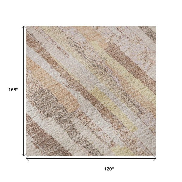 HomeRoots 10' X 14' Playful Pink Yellow Peach Striped Washable Area Rug with UV Protection for Busy Homes 692952