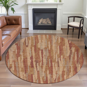 HomeRoots 8' X 8' Round Salmon Brick Red & Gold Striped Washable Rug - UV Protected, Stain Resistant & Durable 692955