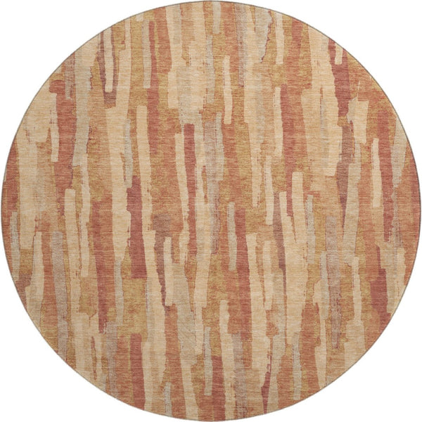 HomeRoots 8' X 8' Round Salmon Brick Red & Gold Striped Washable Rug - UV Protected, Stain Resistant & Durable 692955