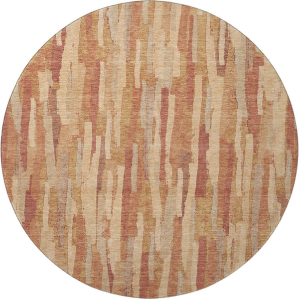HomeRoots 8' X 8' Round Salmon Brick Red & Gold Striped Washable Rug - UV Protected, Stain Resistant & Durable 692955