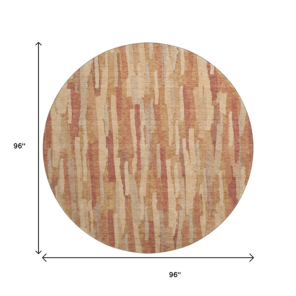 HomeRoots 8' X 8' Round Salmon Brick Red & Gold Striped Washable Rug - UV Protected, Stain Resistant & Durable 692955