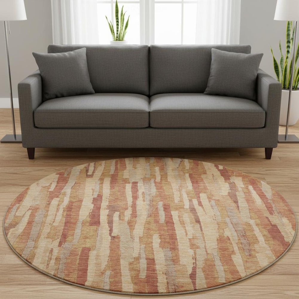 HomeRoots 8' X 8' Round Salmon Brick Red & Gold Striped Washable Rug - UV Protected, Stain Resistant & Durable 692955