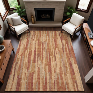HomeRoots 10' X 14' Salmon Brick Red & Gold Striped Area Rug - Washable, UV Protected, Non-Slip, Family Friendly 692958