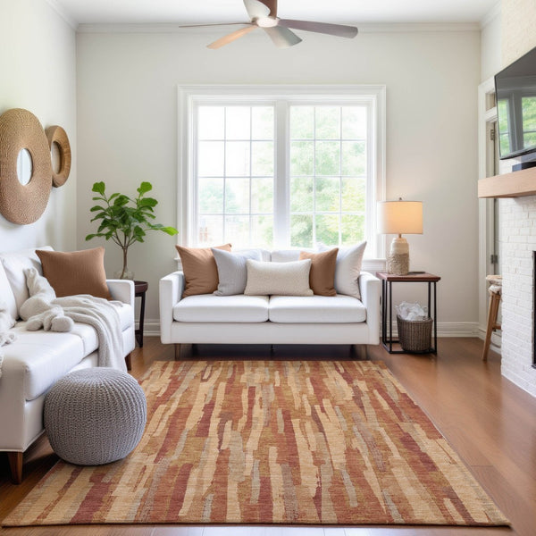 HomeRoots 10' X 14' Salmon Brick Red & Gold Striped Area Rug - Washable, UV Protected, Non-Slip, Family Friendly 692958