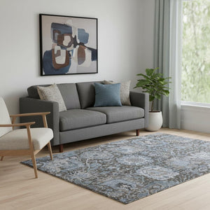 HomeRoots 5' X 8' Denim Blue Gray Silver Damask Area Rug - Washable, UV Protected, Stain Resistant Design 692960