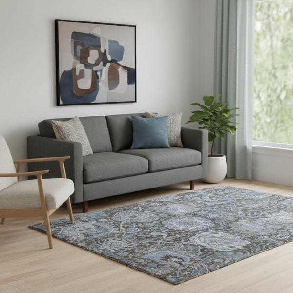 HomeRoots 5' X 8' Denim Blue Gray Silver Damask Area Rug - Washable, UV Protected, Stain Resistant Design 692960