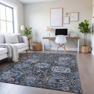 HomeRoots 5' X 8' Denim Blue Gray Silver Damask Area Rug - Washable, UV Protected, Stain Resistant Design 692960