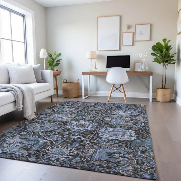 HomeRoots 5' X 8' Denim Blue Gray Silver Damask Area Rug - Washable, UV Protected, Stain Resistant Design 692960