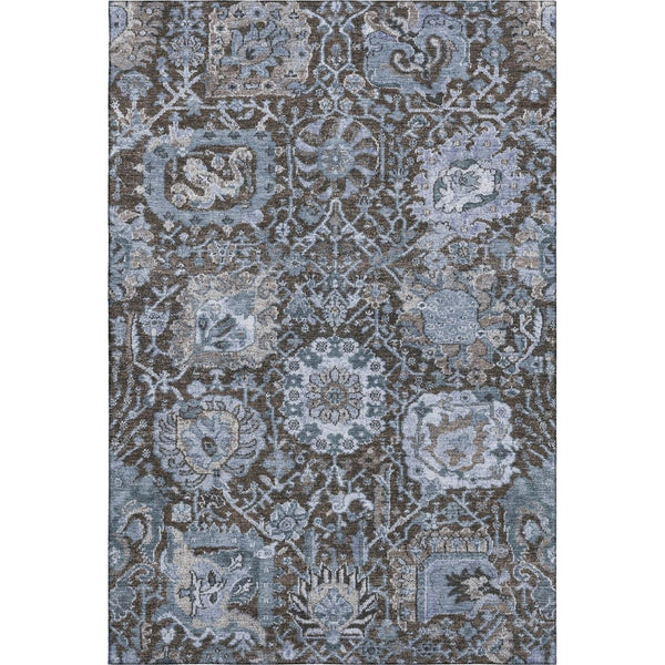 HomeRoots 5' X 8' Denim Blue Gray Silver Damask Area Rug - Washable, UV Protected, Stain Resistant Design 692960