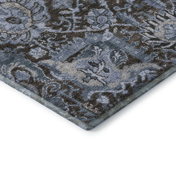HomeRoots 5' X 8' Denim Blue Gray Silver Damask Area Rug - Washable, UV Protected, Stain Resistant Design 692960