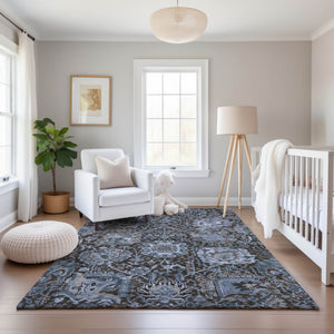 HomeRoots 5' X 8' Denim Blue Gray Silver Damask Area Rug - Washable, UV Protected, Stain Resistant Design 692960