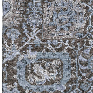 HomeRoots 5' X 8' Denim Blue Gray Silver Damask Area Rug - Washable, UV Protected, Stain Resistant Design 692960