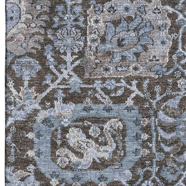 HomeRoots 5' X 8' Denim Blue Gray Silver Damask Area Rug - Washable, UV Protected, Stain Resistant Design 692960