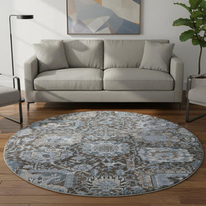 HomeRoots 8' Washable Denim Blue Gray Silver Damask Round Rug - UV Protected, Stain Resistant, Durable Design 692961