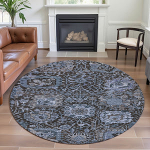 HomeRoots 8' Washable Denim Blue Gray Silver Damask Round Rug - UV Protected, Stain Resistant, Durable Design 692961
