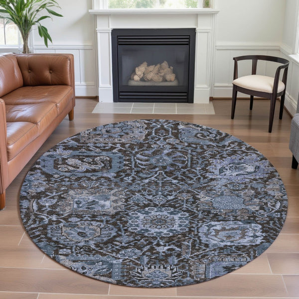 HomeRoots 8' Washable Denim Blue Gray Silver Damask Round Rug - UV Protected, Stain Resistant, Durable Design 692961