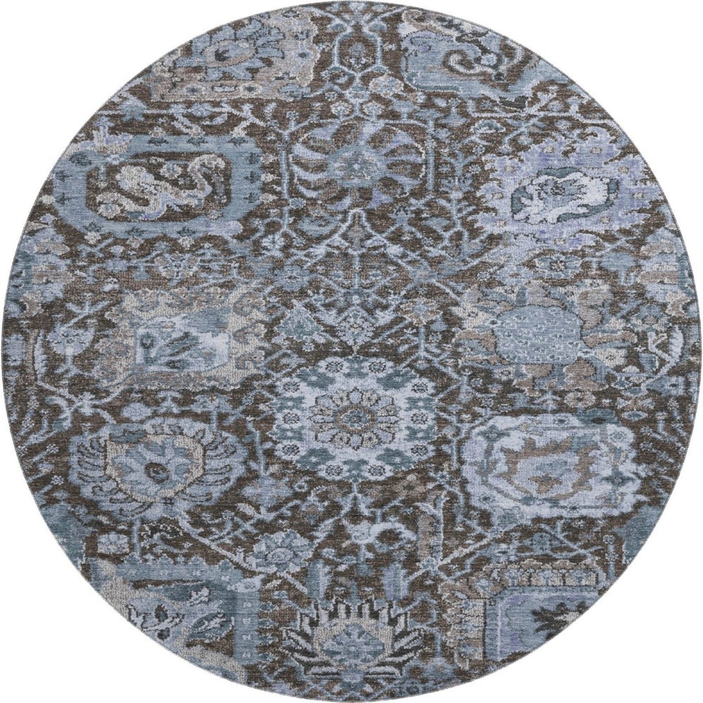 HomeRoots 8' Washable Denim Blue Gray Silver Damask Round Rug - UV Protected, Stain Resistant, Durable Design 692961