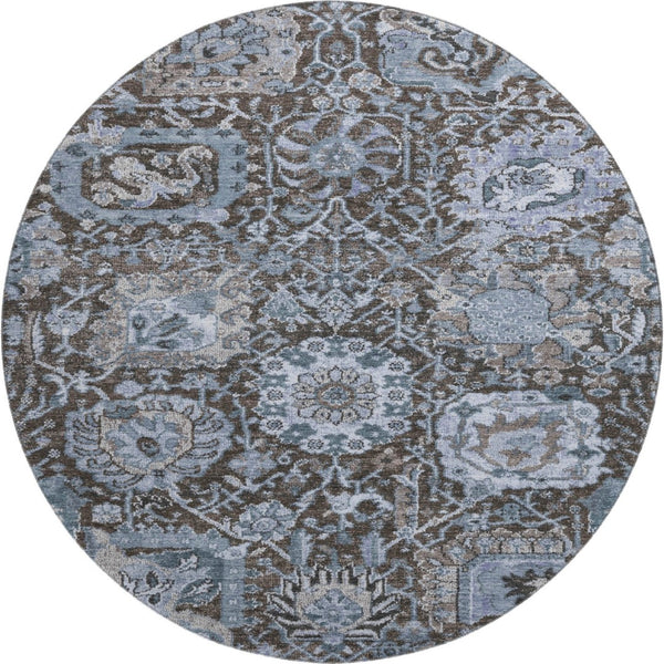 HomeRoots 8' Washable Denim Blue Gray Silver Damask Round Rug - UV Protected, Stain Resistant, Durable Design 692961