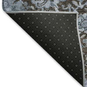 HomeRoots 8' Washable Denim Blue Gray Silver Damask Round Rug - UV Protected, Stain Resistant, Durable Design 692961