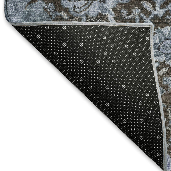 HomeRoots 8' Washable Denim Blue Gray Silver Damask Round Rug - UV Protected, Stain Resistant, Durable Design 692961