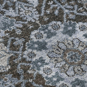 HomeRoots 8' Washable Denim Blue Gray Silver Damask Round Rug - UV Protected, Stain Resistant, Durable Design 692961