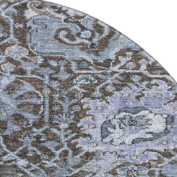HomeRoots 8' Washable Denim Blue Gray Silver Damask Round Rug - UV Protected, Stain Resistant, Durable Design 692961
