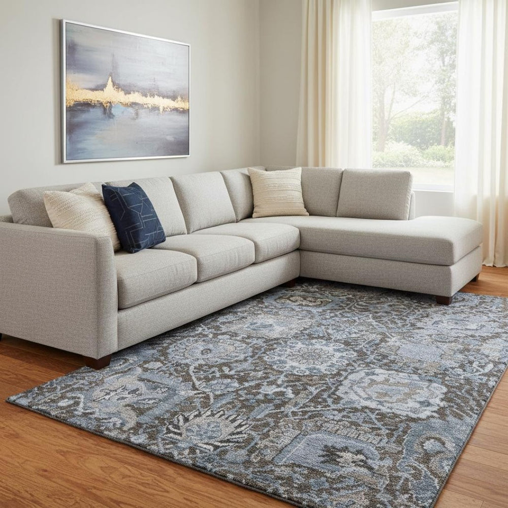 HomeRoots 8' Stylish Denim Blue Gray Silver Damask Area Rug - Washable, UV Protected & Ideal for Busy Homes 692962