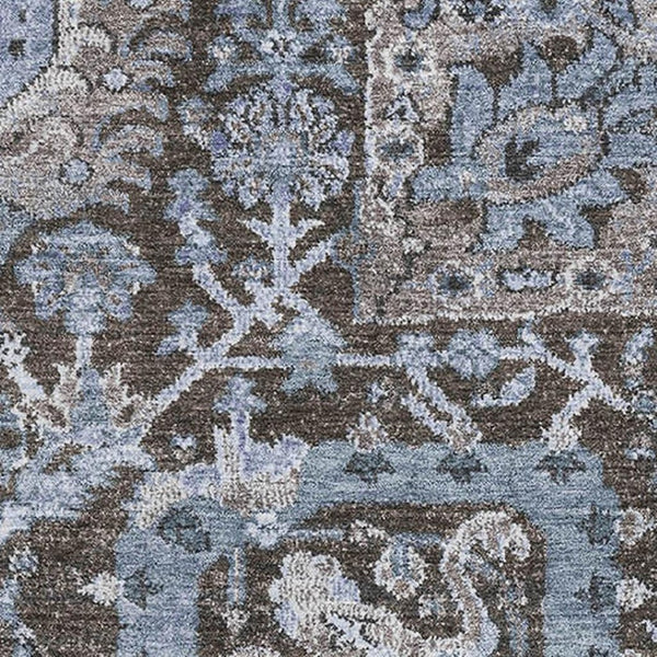 HomeRoots 8' Stylish Denim Blue Gray Silver Damask Area Rug - Washable, UV Protected & Ideal for Busy Homes 692962